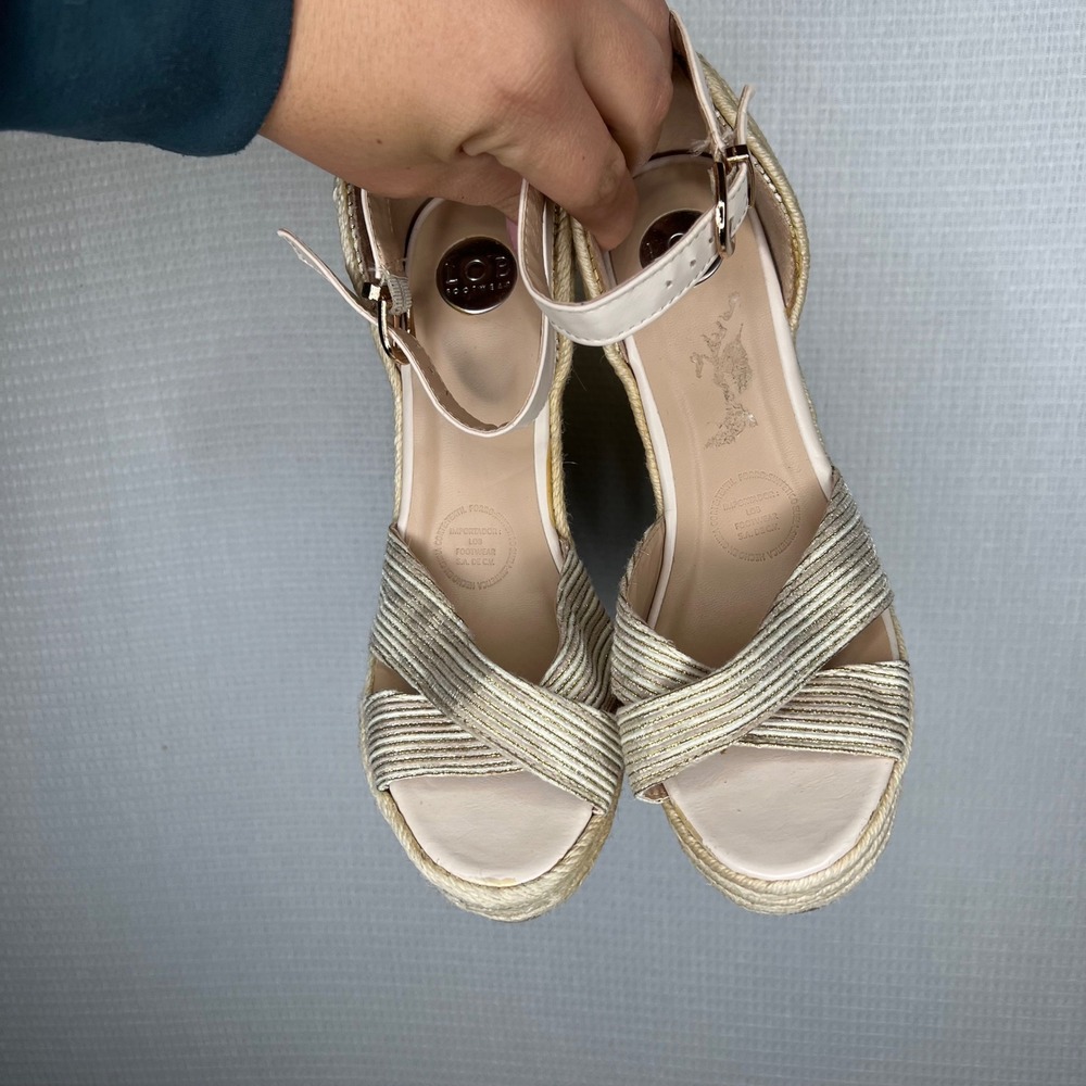 LOB Footwear Womens Espadrille Platform Wedge Sandals Cross Strap Gold Strappy‎ - Picture 2 of 9